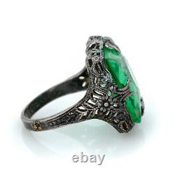 Antique Vintage Art Deco Sterling Silver Green Glass Floral Band Ring S 5 3.7g