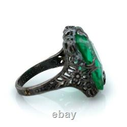 Antique Vintage Art Deco Sterling Silver Green Glass Floral Band Ring S 5 3.7g