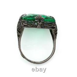 Antique Vintage Art Deco Sterling Silver Green Glass Floral Band Ring S 5 3.7g