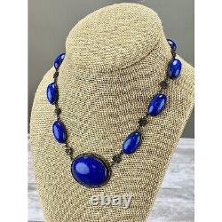 Antique Vintage Art Nouveau Blue Art Glass Necklace 925 Sterling Silver AS IS