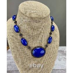 Antique Vintage Art Nouveau Blue Art Glass Necklace 925 Sterling Silver AS IS