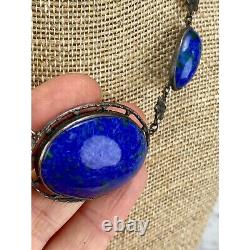 Antique Vintage Art Nouveau Blue Art Glass Necklace 925 Sterling Silver AS IS