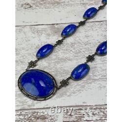 Antique Vintage Art Nouveau Blue Art Glass Necklace 925 Sterling Silver AS IS