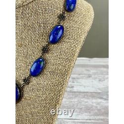 Antique Vintage Art Nouveau Blue Art Glass Necklace 925 Sterling Silver AS IS