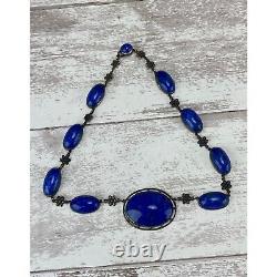 Antique Vintage Art Nouveau Blue Art Glass Necklace 925 Sterling Silver AS IS