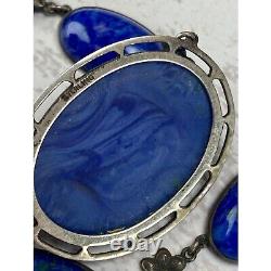 Antique Vintage Art Nouveau Blue Art Glass Necklace 925 Sterling Silver AS IS