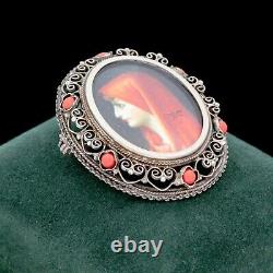 Antique Vintage Deco 800 Sterling Silver Painted Portrait Coral Pin Brooch 9.6g