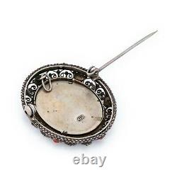 Antique Vintage Deco 800 Sterling Silver Painted Portrait Coral Pin Brooch 9.6g