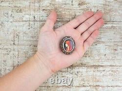 Antique Vintage Deco 800 Sterling Silver Painted Portrait Coral Pin Brooch 9.6g