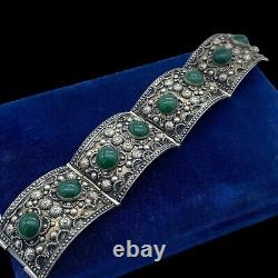 Antique Vintage Deco Sterling Silver Ottoman Glass Panel Chain Bracelet 64.3g