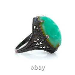 Antique Vintage Deco Sterling Silver Peking Glass Filigree Pinky Ring Sz 1.75