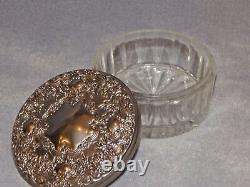 Antique, Vintage Glass Trinket Box with Sterling Silver Lid, MIrror, Heavy Lid