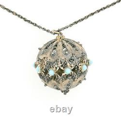 Antique Vintage Nouveau Sterling 835 Silver Turquoise Glass Pendant Necklace