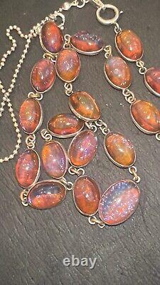 Antique Vintage Sterling Silver 925 Deco Dragons Breath Necklace 21 Opal Glass