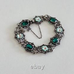 Antique Vintage Sterling Silver Enamel Flowers Emerald Green Glass Bracelet 6.5