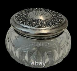 Antique/Vintage Victorian Sterling Silver Poppy & Cut Glass Dresser Vanity Jar