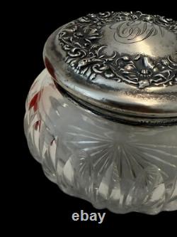 Antique/Vintage Victorian Sterling Silver Poppy & Cut Glass Dresser Vanity Jar