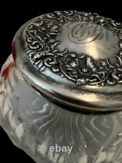 Antique/Vintage Victorian Sterling Silver Poppy & Cut Glass Dresser Vanity Jar
