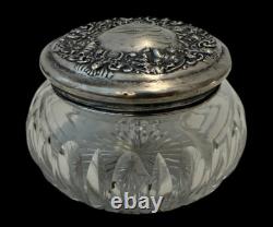 Antique/Vintage Victorian Sterling Silver Poppy & Cut Glass Dresser Vanity Jar