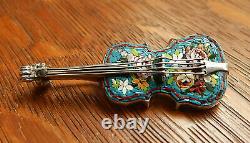 Antique Violin Italy Micro Mosaic Sterling Silver Pin Brooch