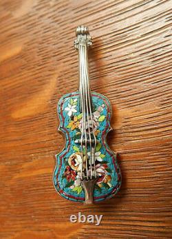 Antique Violin Italy Micro Mosaic Sterling Silver Pin Brooch