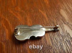 Antique Violin Italy Micro Mosaic Sterling Silver Pin Brooch