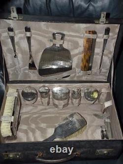 Antique Wallace Sterling Silver Art Deco 15 Piece Traveling Vanity Set Cut Glass