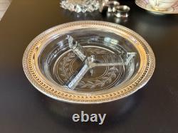 Antique Watson Sterling Silver & Etched Glass With Pierced Rim Nut Dish. 7 D