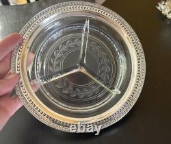Antique Watson Sterling Silver & Etched Glass With Pierced Rim Nut Dish. 7 D