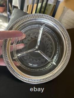 Antique Watson Sterling Silver & Etched Glass With Pierced Rim Nut Dish. 7 D