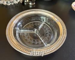 Antique Watson Sterling Silver & Etched Glass With Pierced Rim Nut Dish. 7 D
