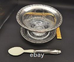 Antique Watson Sterling Silver Rimmed Crystal Glass Caviar Bowl Plate & Spoon