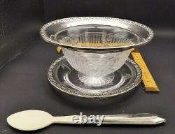 Antique Watson Sterling Silver Rimmed Crystal Glass Caviar Bowl Plate & Spoon
