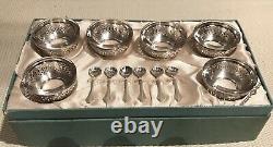 Antique Webster Sterling Silver & Glass Salt Cellar Dip Set 6 Cups 6 Spoons Ex