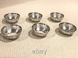 Antique Webster Sterling Silver & Glass Salt Cellar Dip Set 6 Cups 6 Spoons Ex