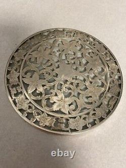 Antique Webster Sterling Silver Overlay Floral Glass Trivet Tray Coaster 6