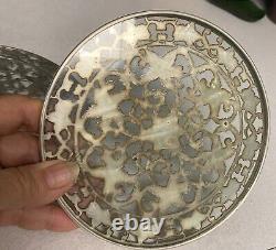 Antique Webster Sterling Silver Overlay Floral Glass Trivet Tray Coaster 6