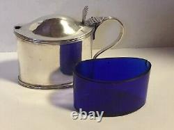 Antique William Hutton STERLING SILVER MUSTARD POT COBALT GLASS LINER England