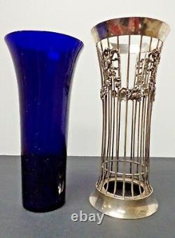 Antique William Hutton Sheffield Sterling Silver & Cobalt Blue Glass inset vase