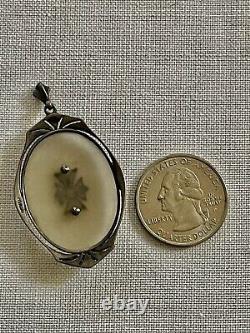 Antique XLG Sterling Silver Marcasite Frosted Camphor Glass Pendant Necklace 20s