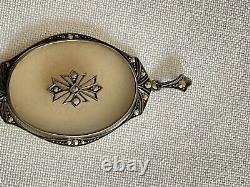 Antique XLG Sterling Silver Marcasite Frosted Camphor Glass Pendant Necklace 20s