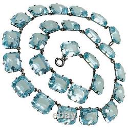 Antique art deco Sterling Silver 925 Prong Glass aquamarine necklace 15