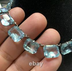 Antique art deco Sterling Silver 925 Prong Glass aquamarine necklace 15