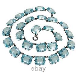 Antique art deco Sterling Silver 925 Prong Glass aquamarine necklace 15