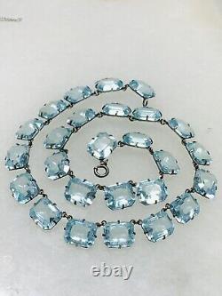 Antique art deco Sterling Silver 925 Prong Glass aquamarine necklace 15