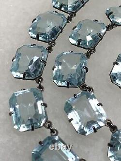 Antique art deco Sterling Silver 925 Prong Glass aquamarine necklace 15