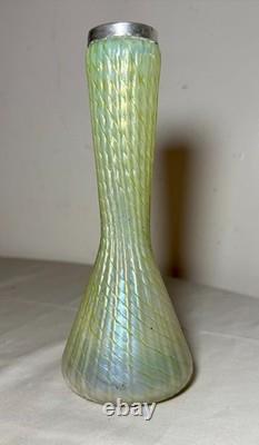 Antique hand blown Bohemian Kralik glass sterling silver mounted iridescent vase