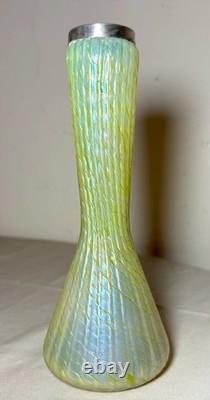 Antique hand blown Bohemian Kralik glass sterling silver mounted iridescent vase