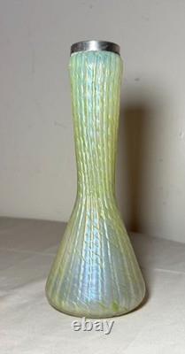 Antique hand blown Bohemian Kralik glass sterling silver mounted iridescent vase