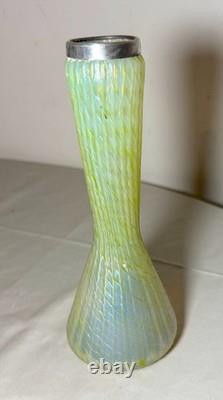 Antique hand blown Bohemian Kralik glass sterling silver mounted iridescent vase